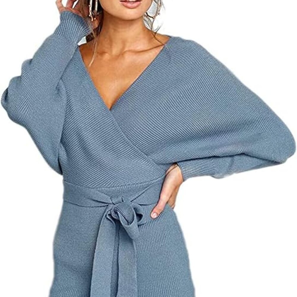 Mansy Women's Batwing Long Sleeve Mock Wrap Knit Sweater, Medium, Blue